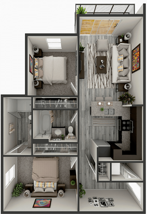 A 3D floor plan of a small apartment with a living room, kitchen, and bathroom.
